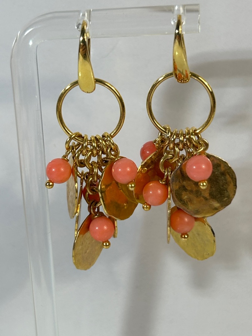 NWOT Bronzo Italia Gold Plate Hammered Disc Genuine Sea Coral Designer Earrings